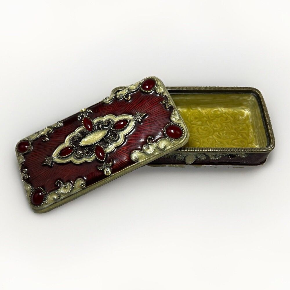 Vtg Ruby Red Jeweled Enameled Trinket Box Heavy Ornate Victorian Style 4x2”